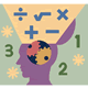 Illustration of a human head with gears inside, surrounded by math symbols and numbers, representing thinking, problem-solving, or mathematical intelligence.