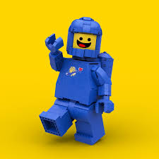 A LEGO astronaut minifigure in a blue spacesuit with a smiling face stands on one leg and waves, set against a solid bright yellow background.