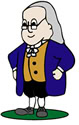 Cartoon illustration of a man with glasses, long white hair, wearing a blue coat, gold vest, white cravat, black shorts, white stockings, and black shoes, standing on green ground with hands on hips.