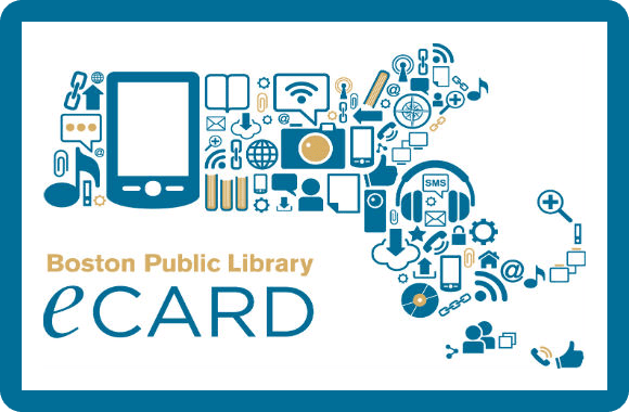 An illustrated map of Massachusetts formed by digital and tech icons, with Boston Public Library eCard text below. The border and corners are teal blue.