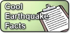 A rectangular graphic with the text Cool Earthquake Facts on a green background, next to a clipart image of a clipboard with a lined paper.