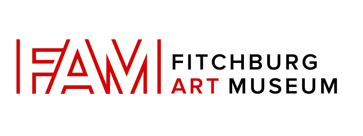 Logo for the Fitchburg Art Museum featuring bold red letters FAM on the left and the words Fitchburg Art Museum in black and red text on the right.
