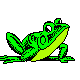 Animated green frog sitting and leaning back with one arm propped behind, appearing relaxed and smiling with wide eyes and mouth.