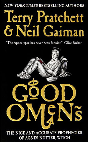 book cover for Good Omens black bakground with gold lettering and a reclining angel