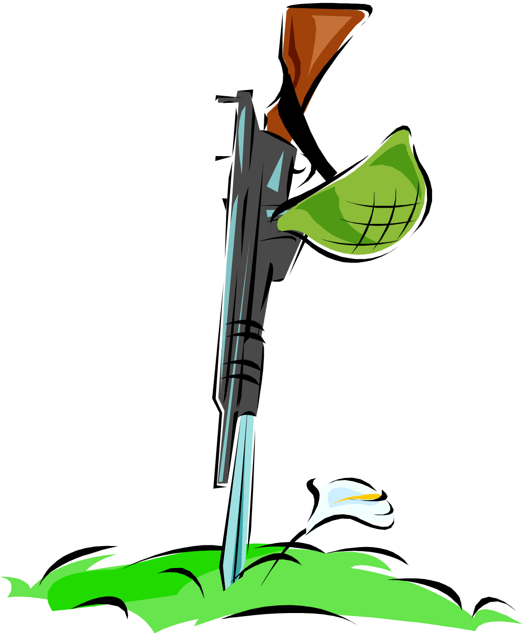 a drawing of a rifle driven barrel down into the ground, stock side up. with a green infantry helmet hanging from the stock.  Green grass.