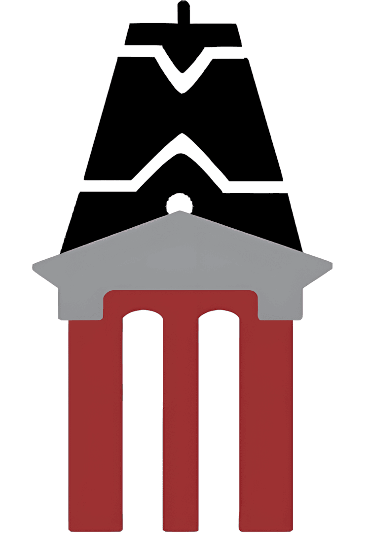 Stylized illustration of a building with three red vertical columns, a gray triangular roof, and a black and white tower rising above it, set against a white background.