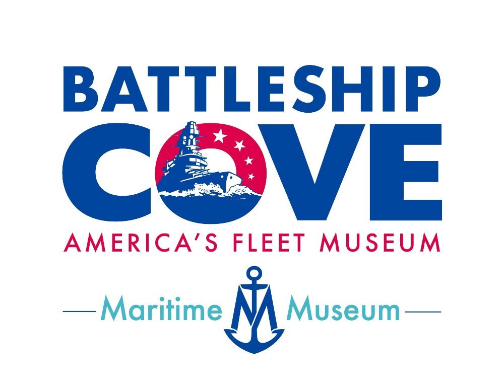 Logo for Battleship Cove, America’s Fleet Museum, featuring a battleship and stars within a red circle above an anchor graphic. The text below reads “Maritime Museum.”.