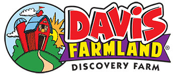 Logo for Davis Farmland Discovery Farm featuring a red barn, sun, and green hill, with bold red and yellow text reading Davis Farmland and smaller purple text reading Discovery Farm.