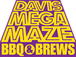 Logo with bold yellow text on a purple background reading Davis Mega Maze BBQ & Brews, with the words arranged in a trapezoidal shape.