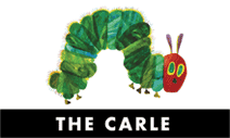 Illustration of a green and yellow caterpillar with a red head and purple antennae above a black bar with white text that reads THE CARLE.
