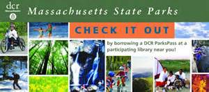 Banner for Massachusetts State Parks with images of people enjoying outdoor activities, and text promoting borrowing a DCR ParksPass at participating libraries.