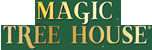 Logo for Magic Tree House with the words in yellow and light green capital letters on a dark green background.