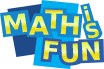 Colorful graphic with the words Math is Fun in bold yellow and blue letters, each word in a separate blue or teal rectangle, overlapping each other on a white background.