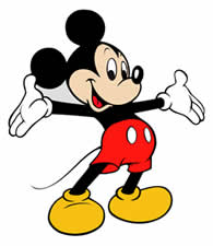 Cartoon image of Mickey Mouse standing with arms open, wearing red shorts, yellow shoes, and white gloves, smiling and looking cheerful against a white background.