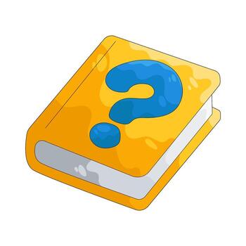 a drawing of a closed book, with a yellow cover and a light bllue question mark on the cover
