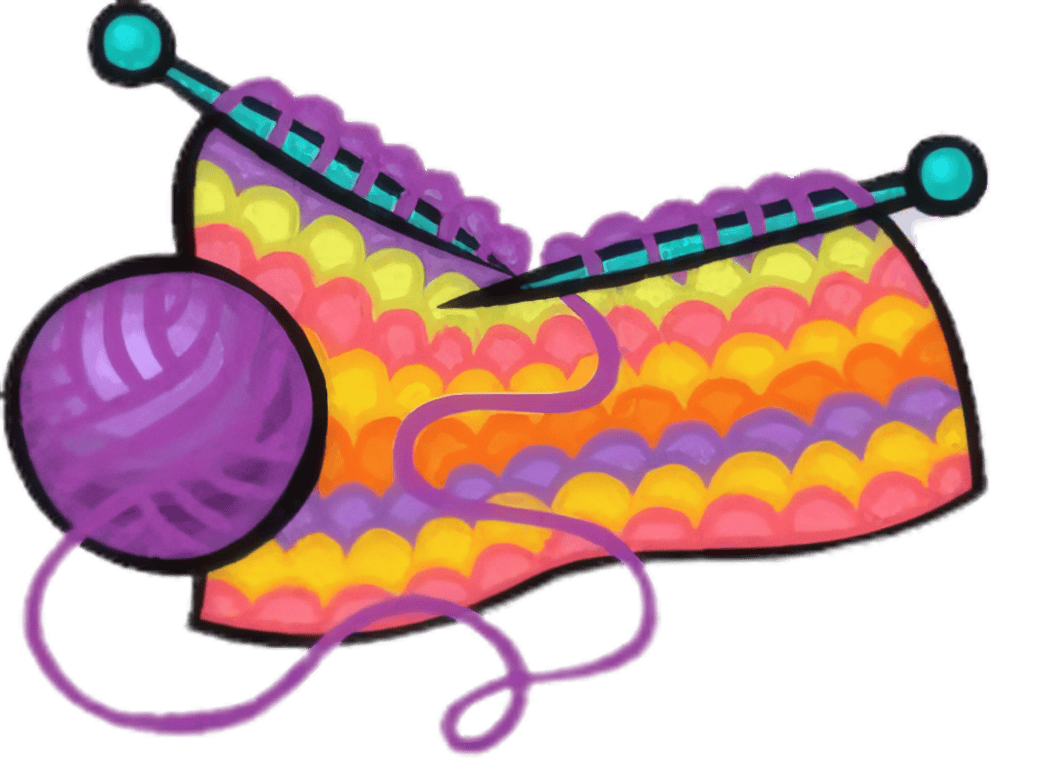 A colorful knitting project with rows of purple, pink, yellow, and orange stitches on two blue knitting needles. A purple ball of yarn is connected with a loose strand curling around.