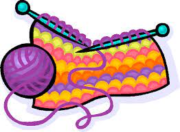 Colorful knitting project with purple yarn ball, two blue knitting needles, and a wavy pattern in yellow, orange, pink, and purple. The yarn is partially unraveled and connected to the knitted fabric.