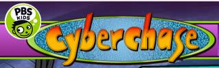 The image shows the Cyberchase logo in colorful lettering with the PBS Kids logo, featuring a green cartoon face, in the top left corner.