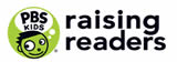 PBS Kids logo featuring a cartoon face in a green circle next to the words “raising readers” in bold black letters.