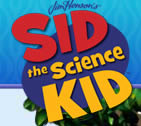 Logo for Sid the Science Kid with bold, colorful text on a blue background. The shows title is written in large red, yellow, and orange letters, and Jim Hensons is written in small blue script above.