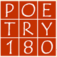 Nine red squares arranged in a 3x3 grid, each containing a white letter or number, together spelling “POETRY 180.”.