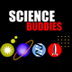 Logo with the words Science Buddies above icons of a sun, planet with rings, DNA strand, rocket, and a grid of yellow dots, all on a black background.