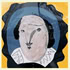 Abstract painting of a person with a pale oval face, dark hair, and a white ruffled collar against a yellow background. The facial features are distorted and simplified in a cubist style.