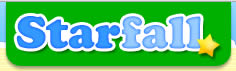 Starfall logo with the word Starfall in blue bubble letters on a green background, featuring a yellow star on the letter l.