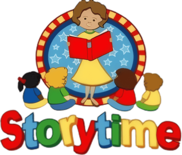 Illustration of a woman reading a red book to four children sitting around her, with a colorful Storytime sign below and a blue starry background behind them.
