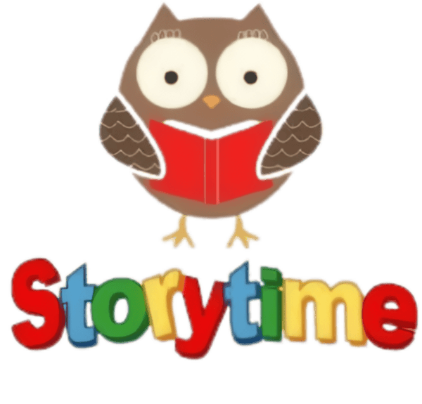 A cartoon owl holding a red book is above colorful, playful letters spelling Storytime. The owl has wide eyes and brown wings with a friendly appearance.
