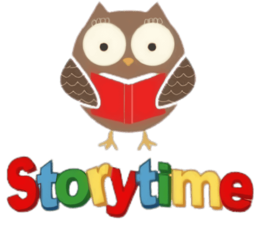 A cartoon owl holding a red book is above colorful, playful letters spelling Storytime. The owl has wide eyes and brown wings with a friendly appearance.