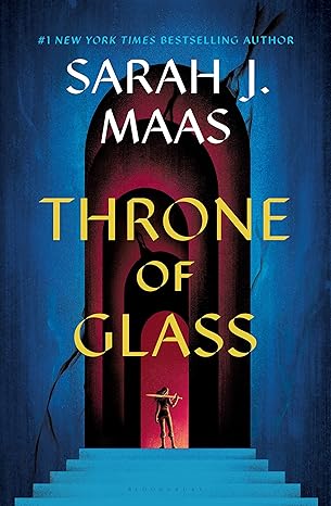 book cover the Sarah Maas' Throne of Glass. back of a person at the top of blue stairs leading to a red hallway