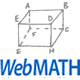 A hand-drawn rectangular prism labeled with vertices A, B, C, D, E, F, G, and H, above the blue text WebMATH.