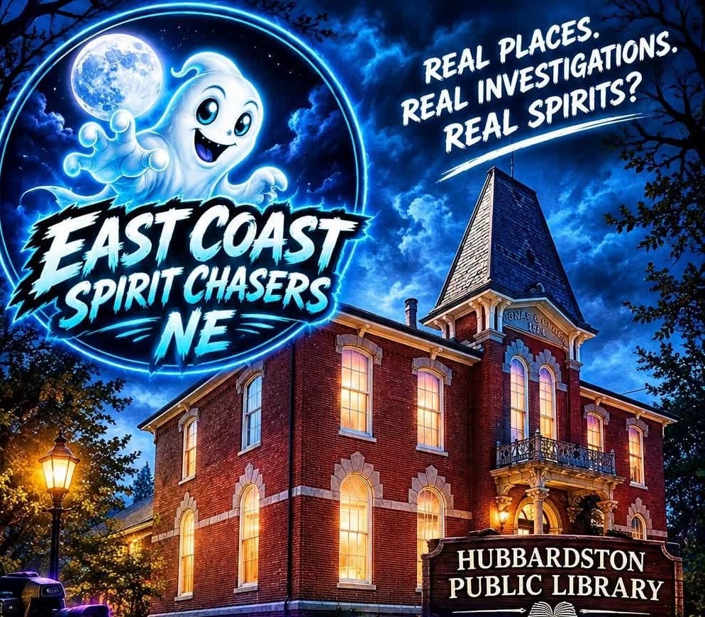ai renditon of the Hubbardston Public Library with interior lights on, withthe East Coast Spirit Chasers Logo of a fill moon and a smiling ghost in the upper left hand corner.  in the upper right hand corner, the words "Real places, real investigators, real spirits?" In the lower right hand corner are the words "Hubbardston Public Library"
