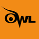 Stylized black text OWL on an orange background, with the O designed as an owls eye and the left stroke forming a curved eyebrow, creating the impression of an owls face.